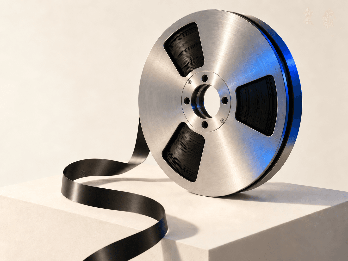 Artistic composition of a silver tape reel with blue reflections