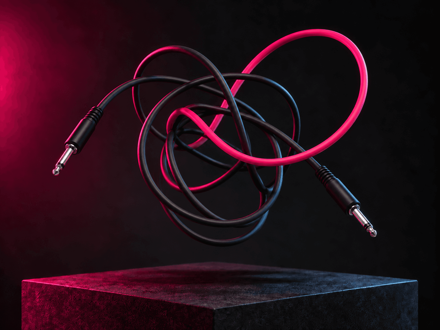 Concept sculpture of cables and connectors in pink light